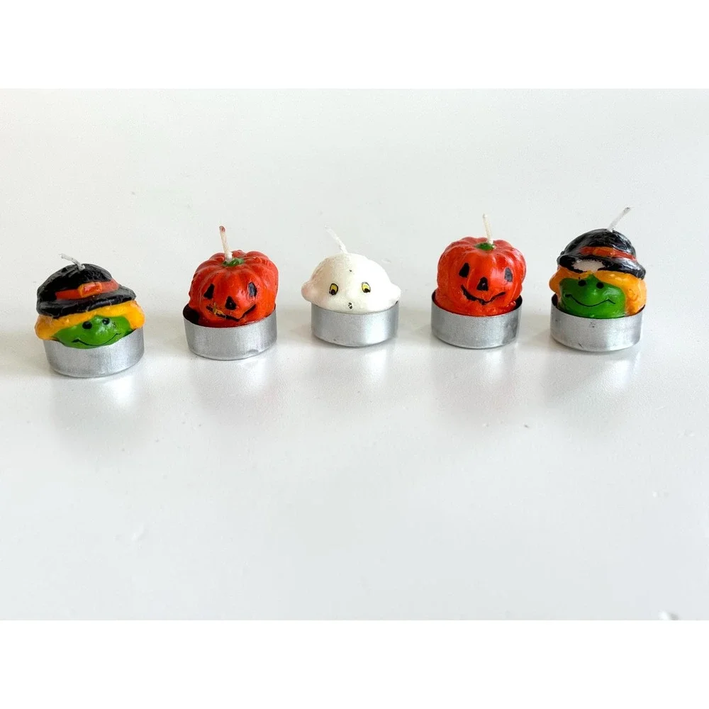 Vtg mini Halloween candles set of 5 Tealight candles Ghost witch pumpkin candles